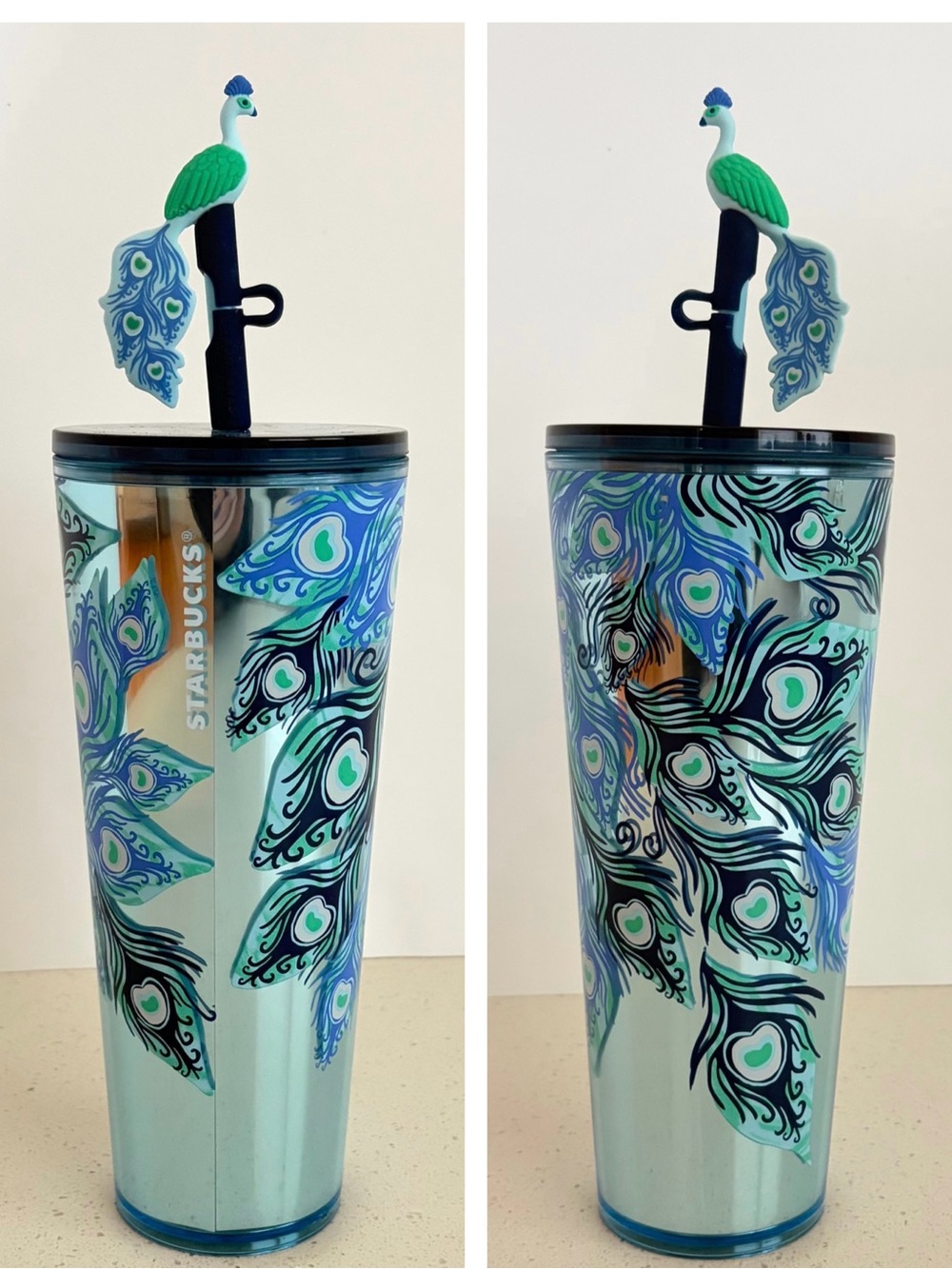 NEW Starbucks Peacock Feather Cold Cup with Peacock Straw Topper - Venti 24 oz.